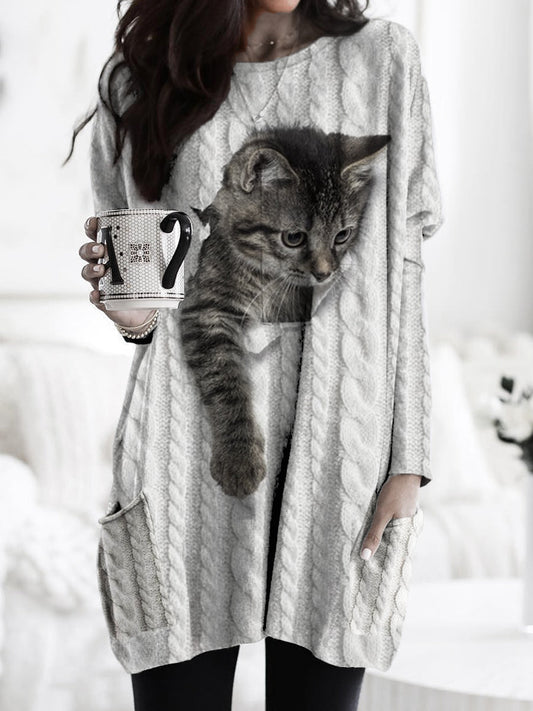 Femme Chat Tricoté Texture Imprimer À La Mode Col Rond Pull Poche À Manches Longues Sweatshirt comme image / S T-shirt