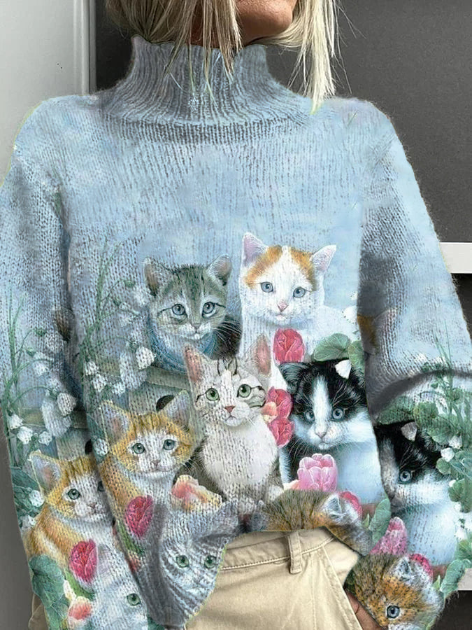 Pull à col roulé à motif de fleurs chat pour femmes Bleu / S Pull