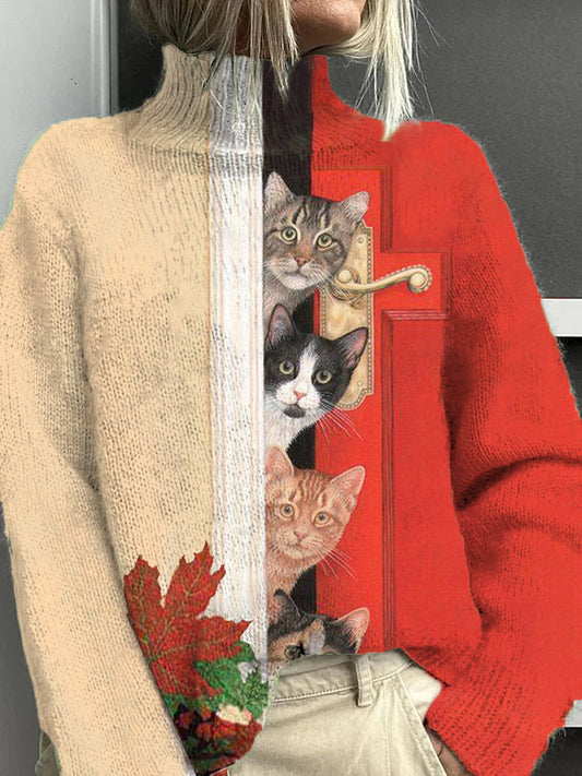 Pull à col roulé décontracté chaud motif amusant de chat de porte ouverte pour femmes Rouge / S Pull