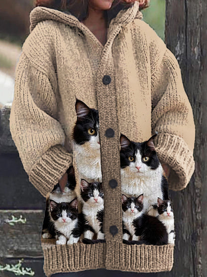 Motif de chat mignon des femmes tricoté décontracté chaud à capuche Cardigan Kaki / S Veste