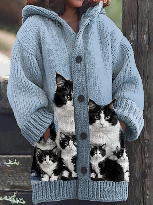 Motif de chat mignon des femmes tricoté décontracté chaud à capuche Cardigan Bleu / S Veste