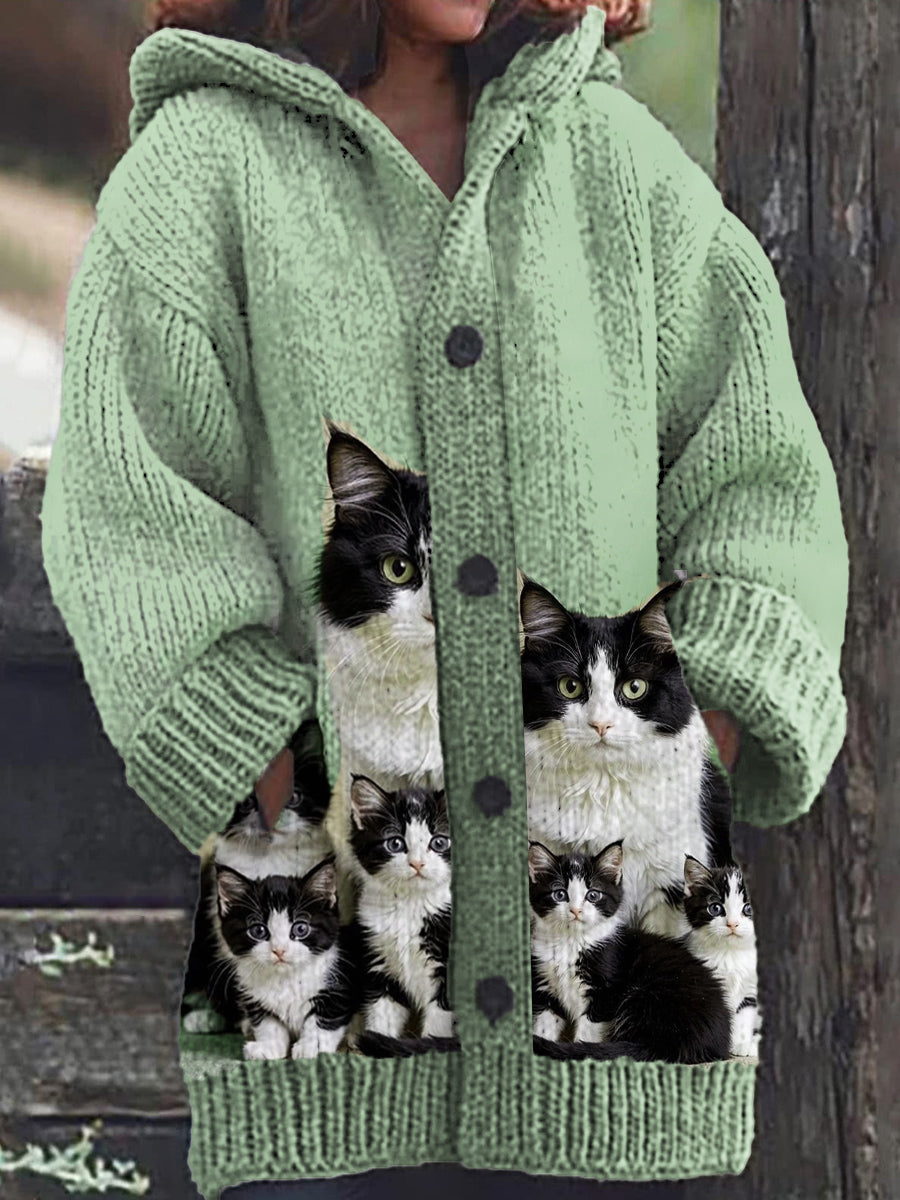 Motif de chat mignon des femmes tricoté décontracté chaud à capuche Cardigan Vert clair / S Veste