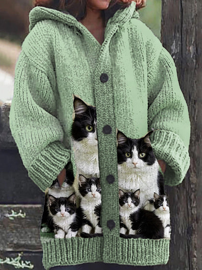 Motif de chat mignon des femmes tricoté décontracté chaud à capuche Cardigan Vert clair / S Veste