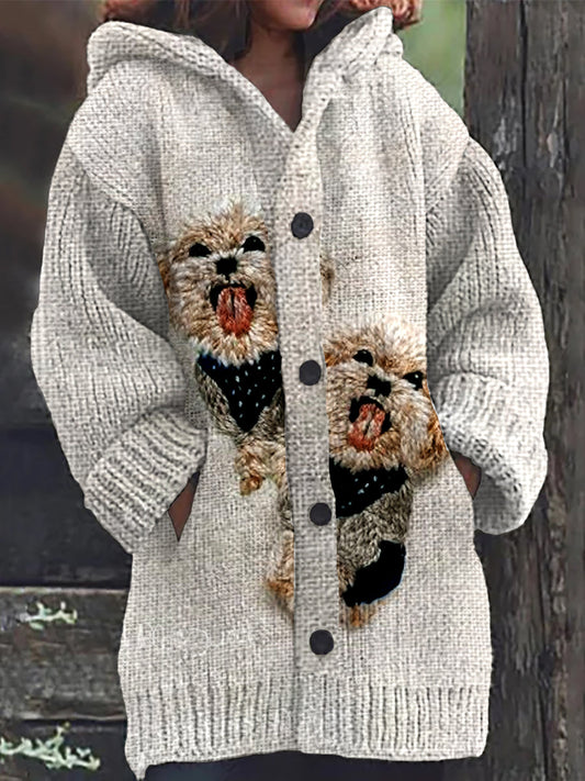 Rétro Animal Art Sans Couture Broderie Bouton D’impression Épais Cardigan À Capuche À Manches Longues A / S Veste