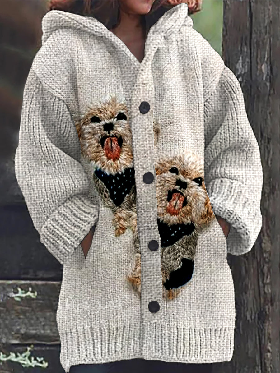 Rétro Animal Art Sans Couture Broderie Bouton D’impression Épais Cardigan À Capuche À Manches Longues Veste