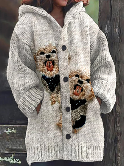Rétro Animal Art Sans Couture Broderie Bouton D’impression Épais Cardigan À Capuche À Manches Longues Veste