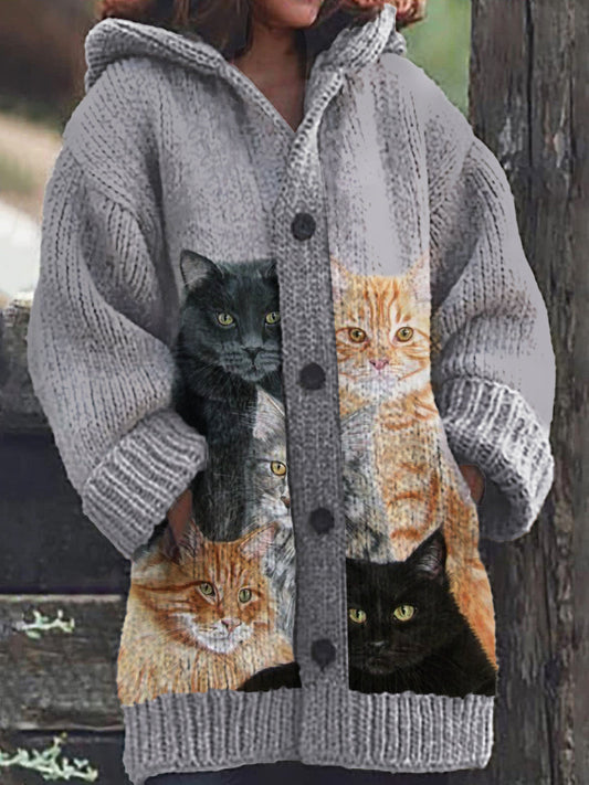 Motif de chat noir des femmes bouton Casual chaud Cardigan à capuche Gris / S Veste