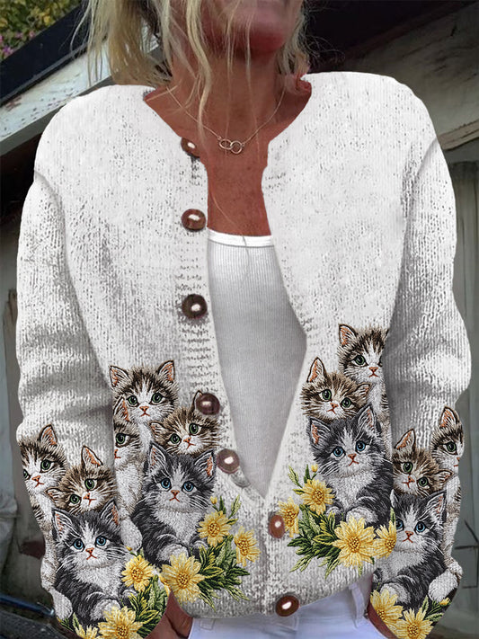Cardigan en tricot à manches longues décontracté imprimé chat mignon Blanc / S Veste