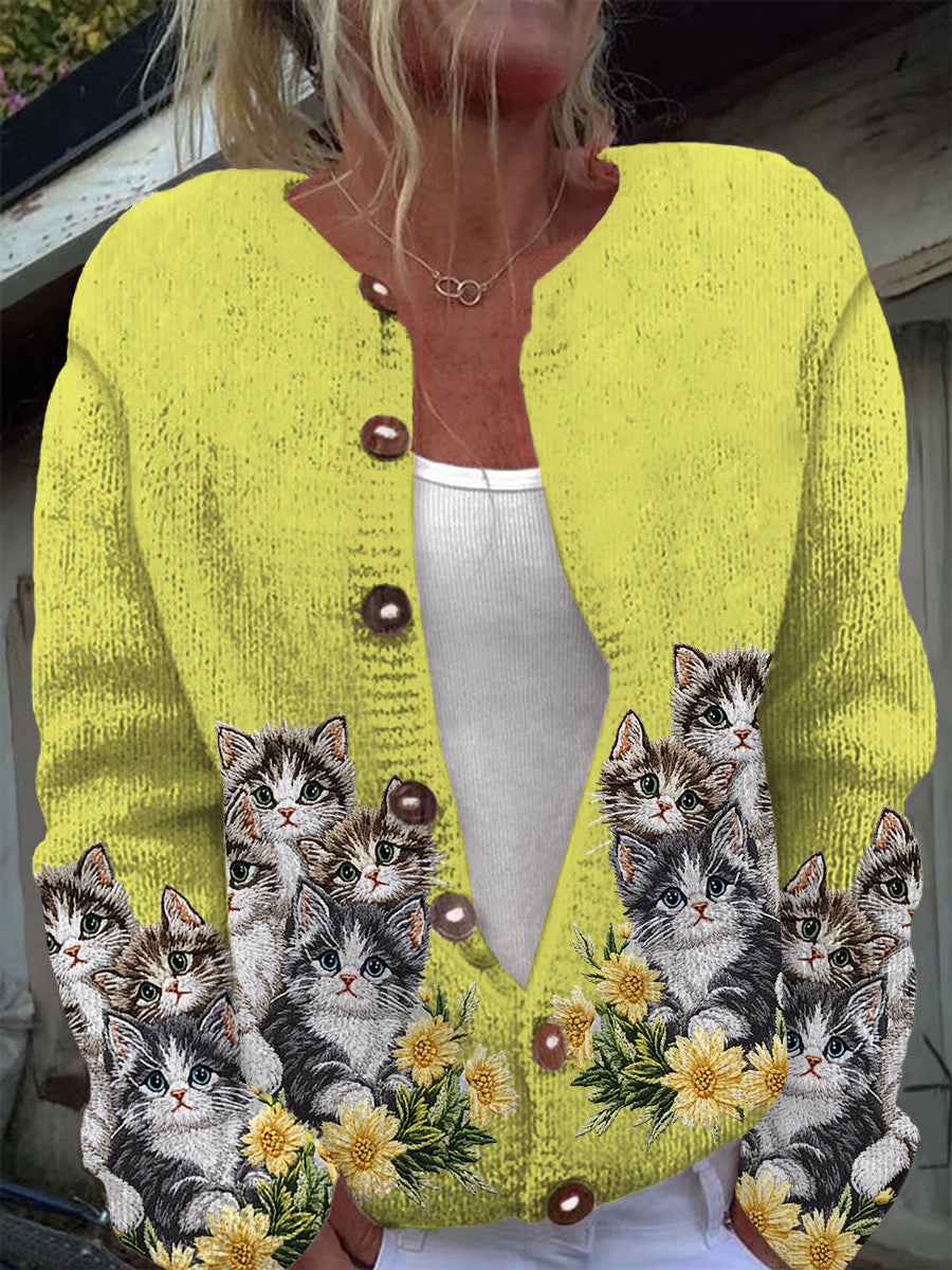 Cardigan en tricot à manches longues décontracté imprimé chat mignon Jaune / S Veste