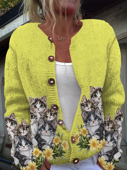Cardigan en tricot à manches longues décontracté imprimé chat mignon Jaune / S Veste