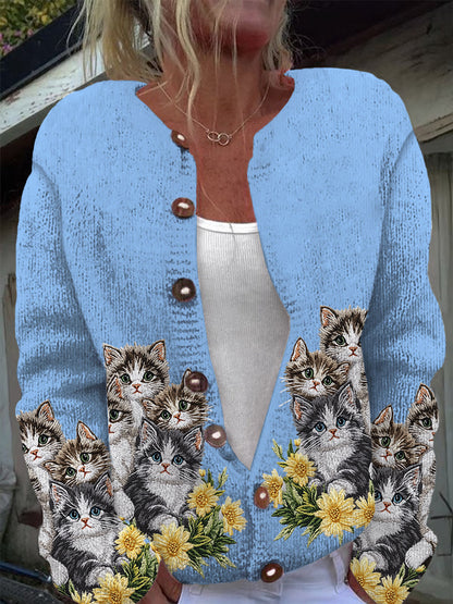 Cardigan en tricot à manches longues décontracté imprimé chat mignon Bleu / S Veste