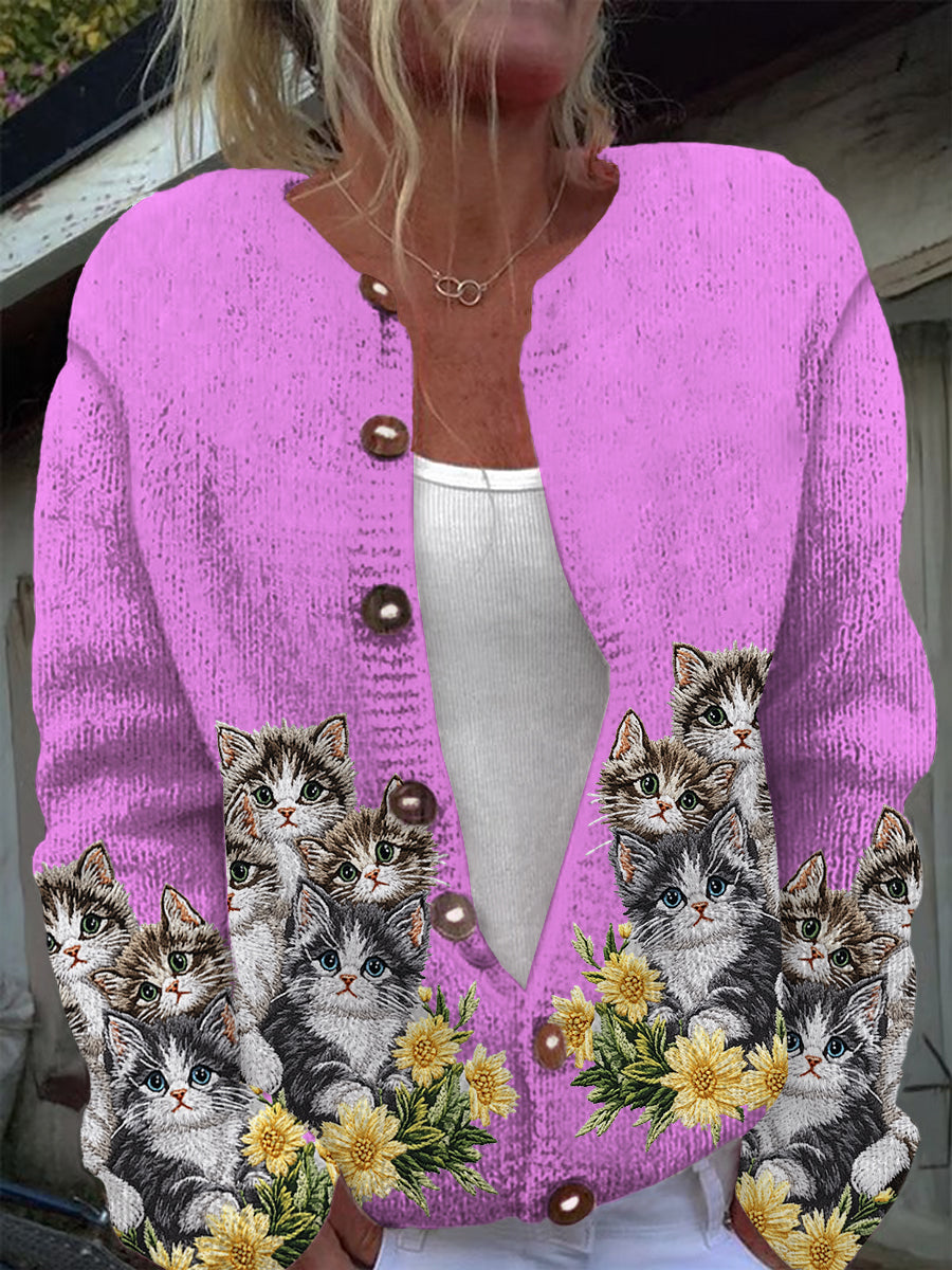 Cardigan en tricot à manches longues décontracté imprimé chat mignon Rose Rouge / S Veste