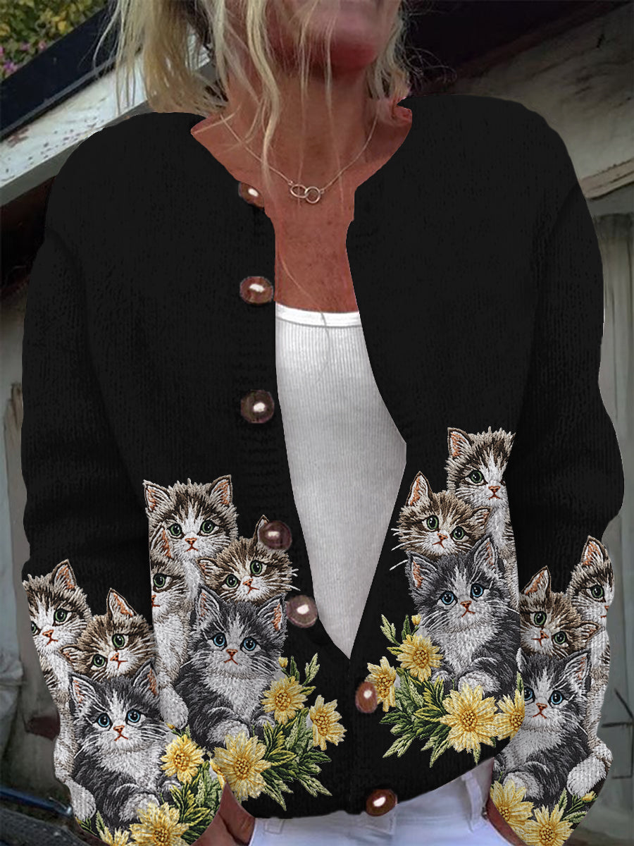 Cardigan en tricot à manches longues décontracté imprimé chat mignon Noir / S Veste