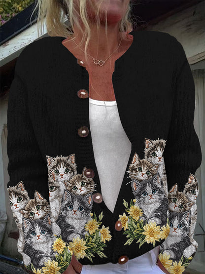Cardigan en tricot à manches longues décontracté imprimé chat mignon Noir / S Veste