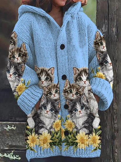 Mignon Chat Imprimer Bouton Épais Long Pull Cardigan à Capuche Bleu / S Veste