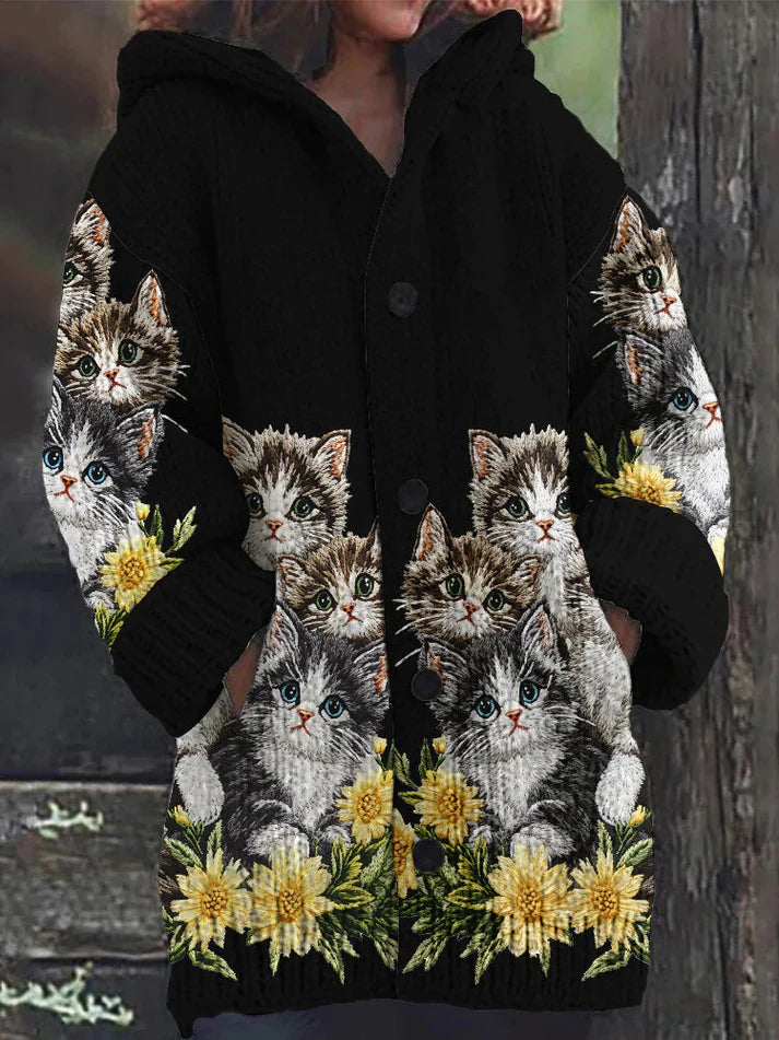 Mignon Chat Imprimer Bouton Épais Long Pull Cardigan à Capuche Noir / S Veste