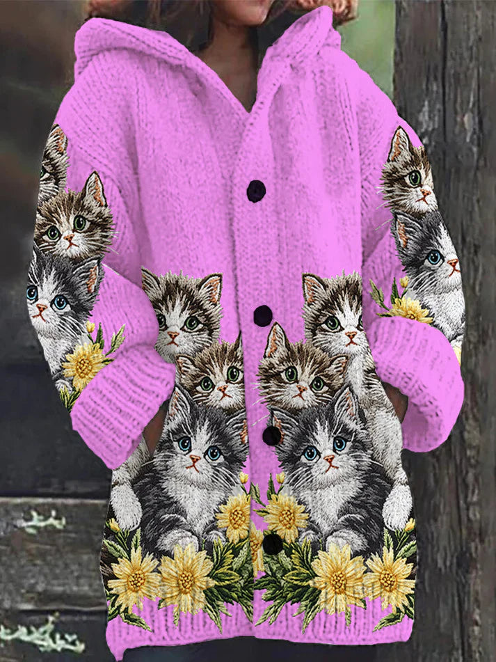 Mignon Chat Imprimer Bouton Épais Long Pull Cardigan à Capuche Rose Rouge / S Veste