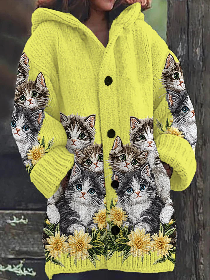 Mignon Chat Imprimer Bouton Épais Long Pull Cardigan à Capuche Jaune / S Veste