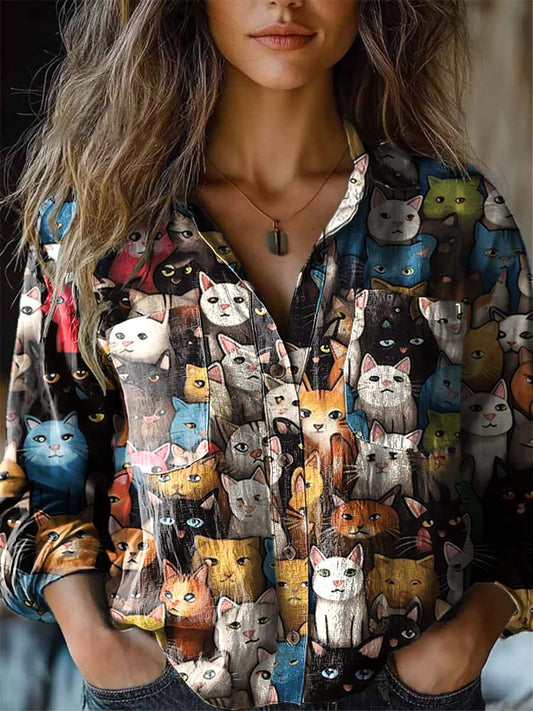 Chemise à col roulé à manches longues imprimée chat mignon pour femme Fleur Couleur / S Chemises