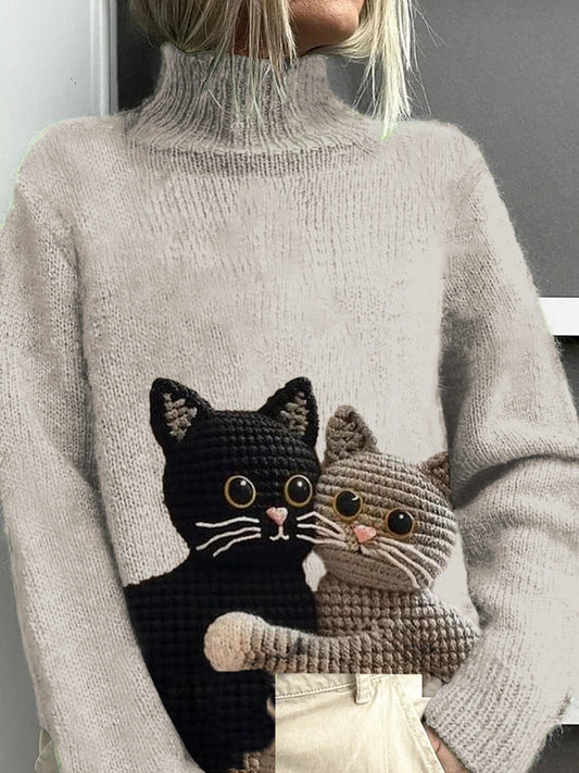 Pull décontracté chaud à col roulé motif chat pour femmes comme image / S Veste