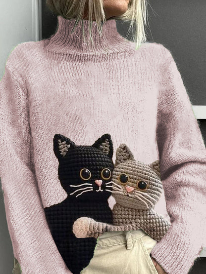 Pull décontracté chaud à col roulé motif chat pour femmes rose / S Veste
