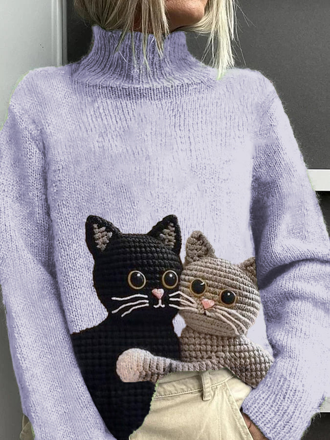 Pull décontracté chaud à col roulé motif chat pour femmes pourpre / S Veste