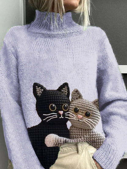 Pull décontracté chaud à col roulé motif chat pour femmes pourpre / S Veste