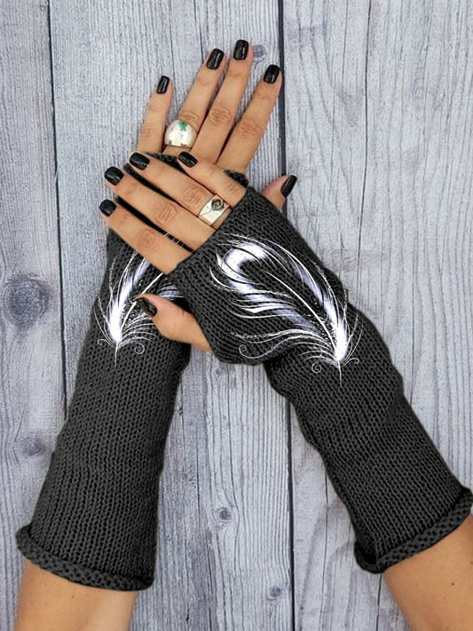 Gants en Tricot à Imprimé Plumes Vintage pour Femmes comme image / One size Gants