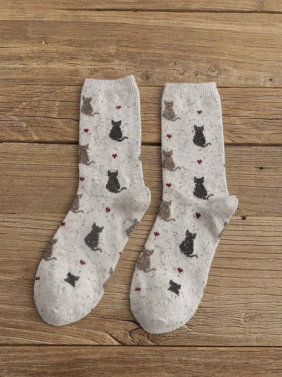 Chaussettes en Laine Thermiques à Imprimé Chat Unisexe Beige / JM Accessoires