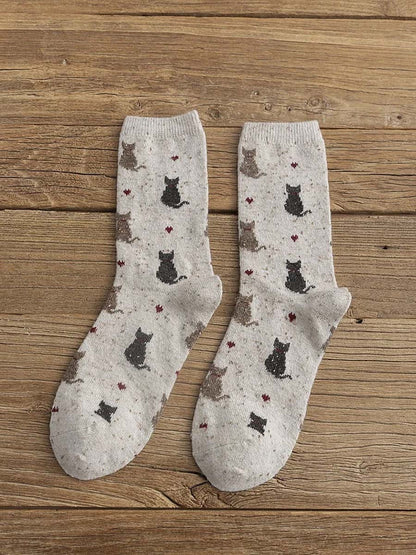 Chaussettes en Laine Thermiques à Imprimé Chat Unisexe Beige / JM Accessoires