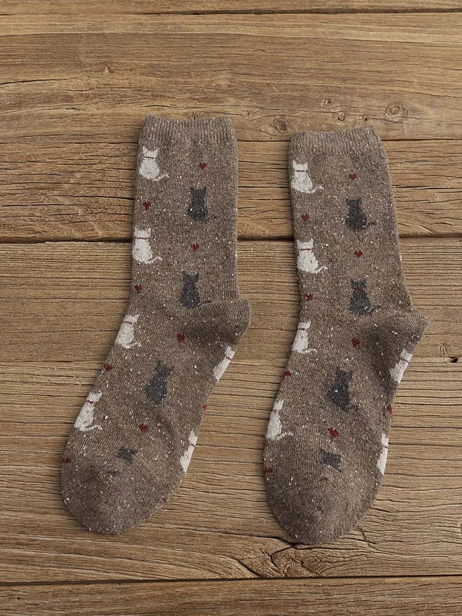 Chaussettes en Laine Thermiques à Imprimé Chat Unisexe Marron / JM Accessoires