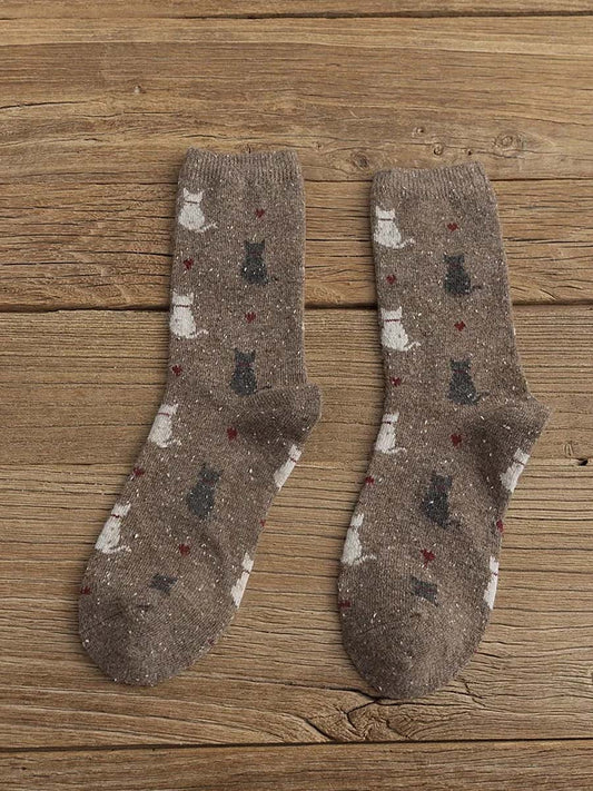 Chaussettes en Laine Thermiques à Imprimé Chat Unisexe Marron / JM Accessoires