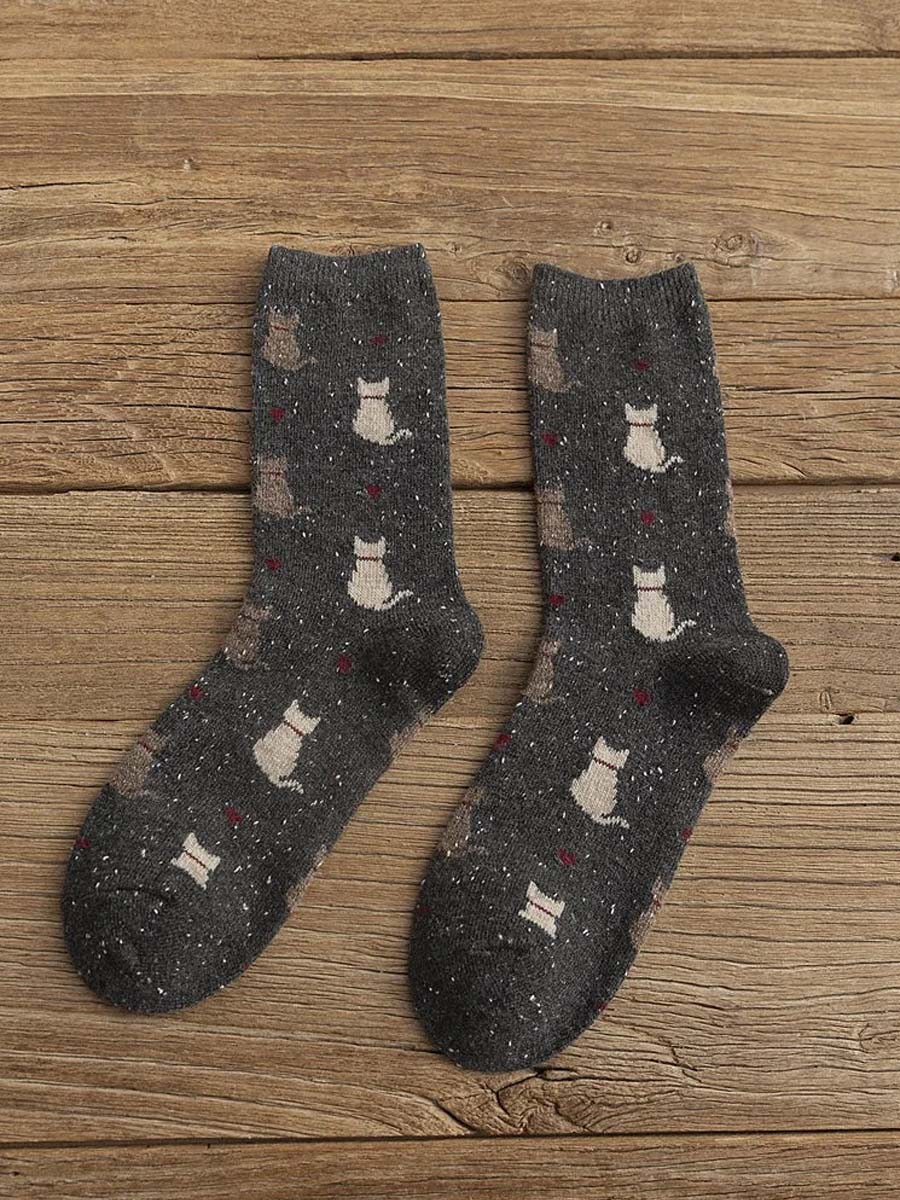 Chaussettes en Laine Thermiques à Imprimé Chat Unisexe Noir / JM Accessoires