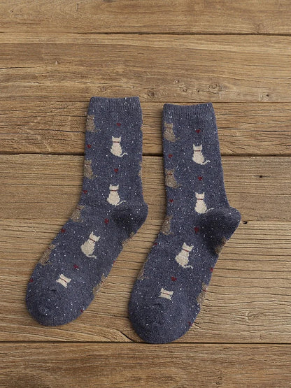 Chaussettes en Laine Thermiques à Imprimé Chat Unisexe Bleu foncé / JM Accessoires