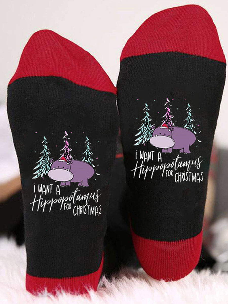 Chaussettes thermiques unisexes à imprimé hippopotame et blocs de couleur Noir-Rouge / JM Accessoires