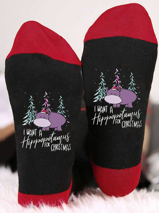 Chaussettes thermiques unisexes à imprimé hippopotame et blocs de couleur Noir-Rouge / JM Accessoires