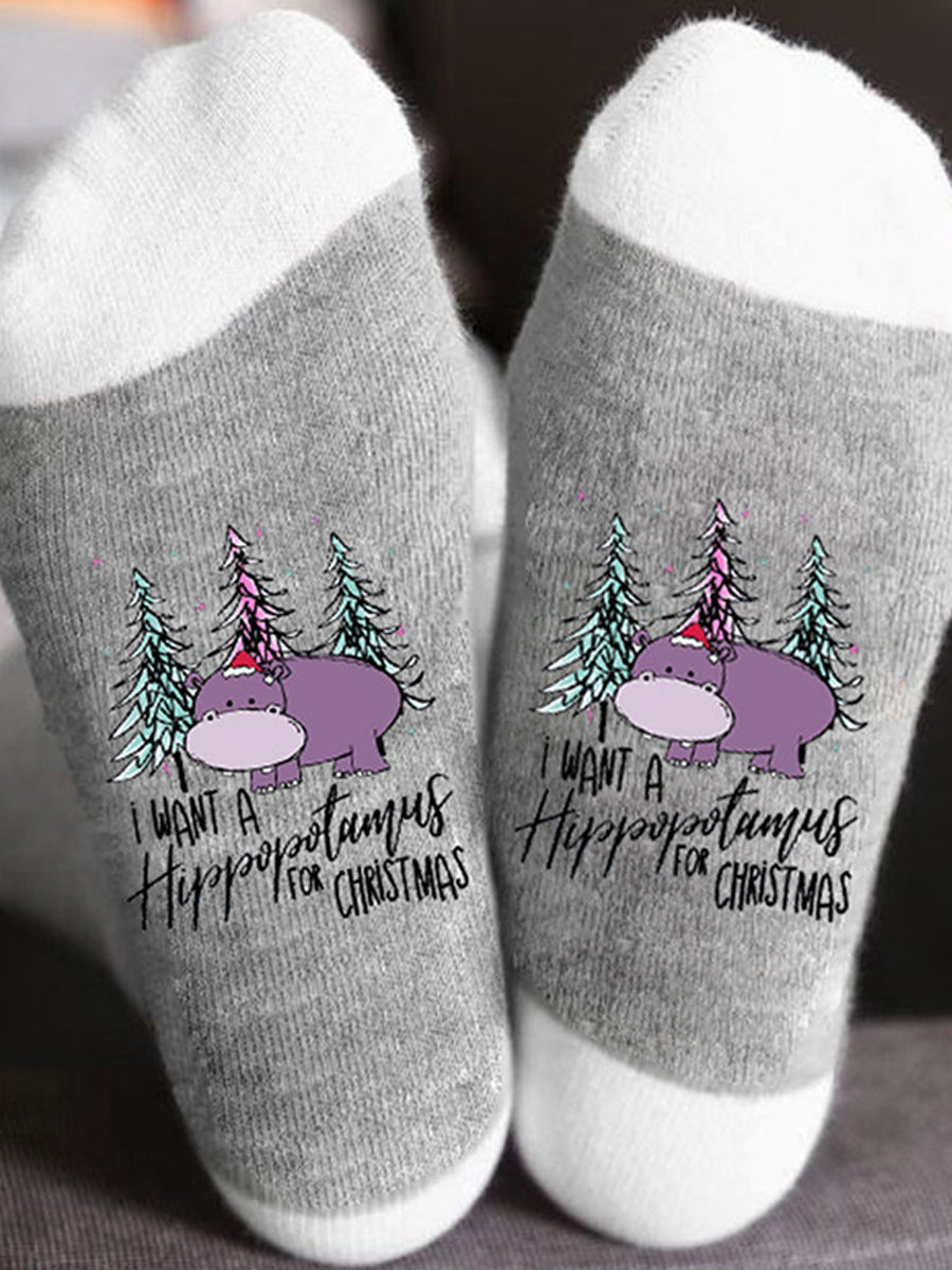 Chaussettes thermiques unisexes à imprimé hippopotame et blocs de couleur Blanc cassé / JM Accessoires