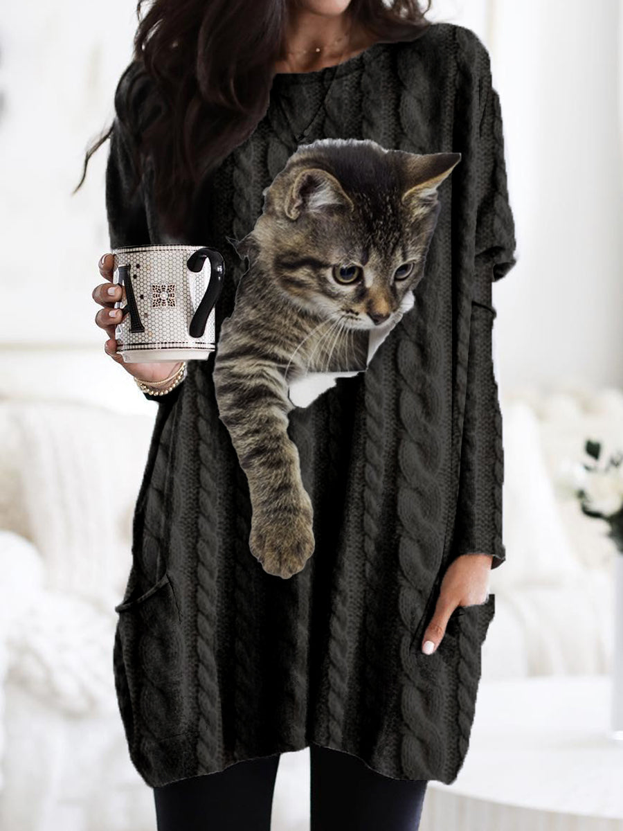 Femme Chat Tricoté Texture Imprimer À La Mode Col Rond Pull Poche À Manches Longues Sweatshirt noir / S T-shirt