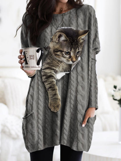 Femme Chat Tricoté Texture Imprimer À La Mode Col Rond Pull Poche À Manches Longues Sweatshirt gris / S T-shirt