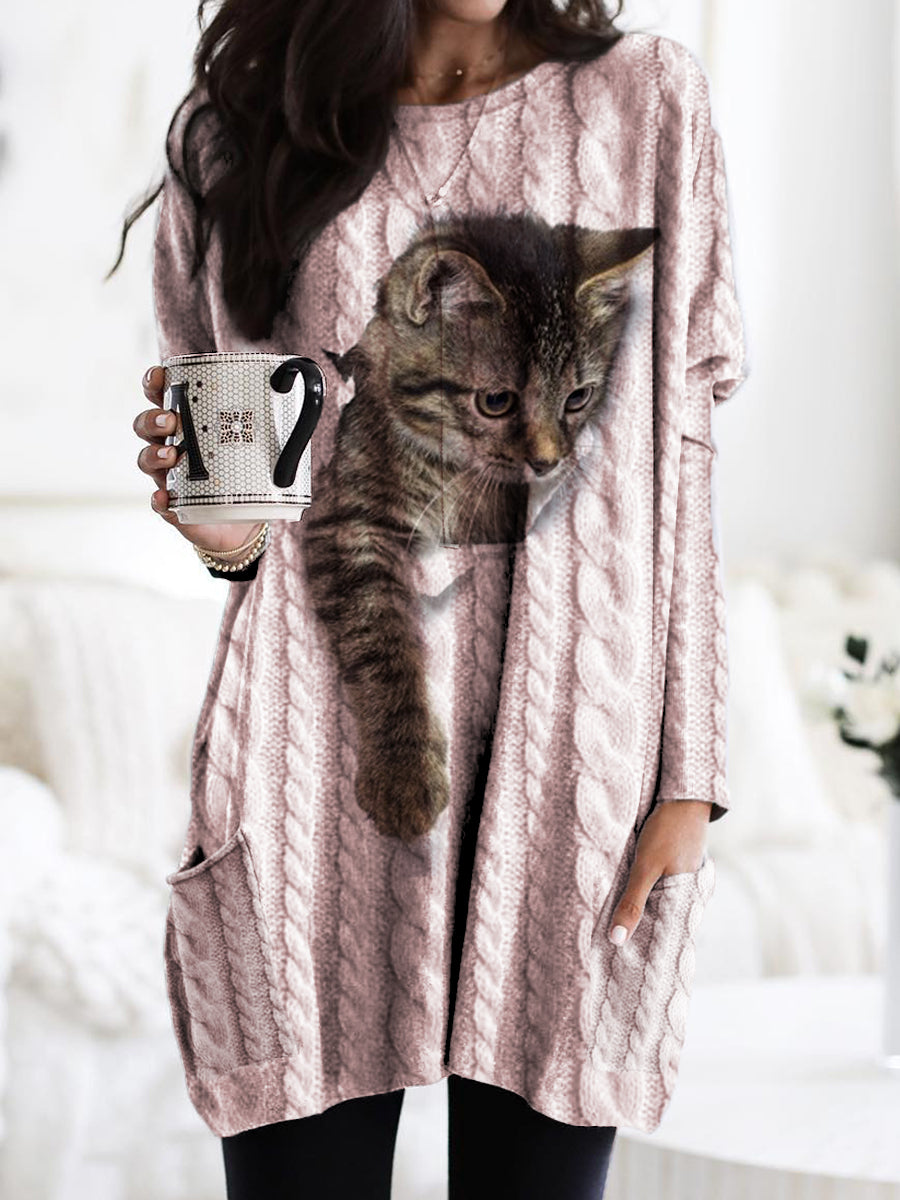 Femme Chat Tricoté Texture Imprimer À La Mode Col Rond Pull Poche À Manches Longues Sweatshirt rose / S T-shirt
