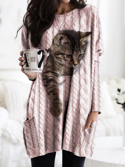 Femme Chat Tricoté Texture Imprimer À La Mode Col Rond Pull Poche À Manches Longues Sweatshirt rose / S T-shirt