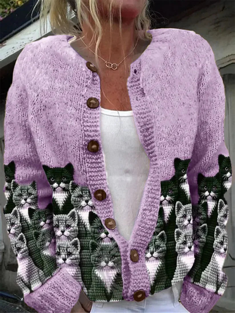 Élégant Rétro Chat Imprimé Boutonné Décontracté À Manches Longues En Tricot Cardigan Pull Violet / S Veste