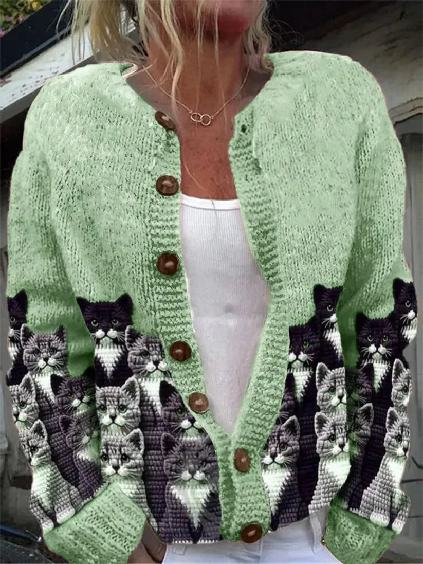 Élégant Rétro Chat Imprimé Boutonné Décontracté À Manches Longues En Tricot Cardigan Pull Vert / S Veste