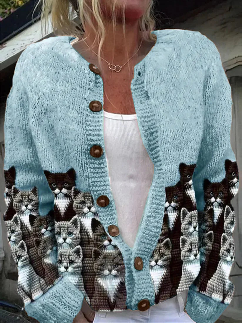 Élégant Rétro Chat Imprimé Boutonné Décontracté À Manches Longues En Tricot Cardigan Pull Bleu / S Veste