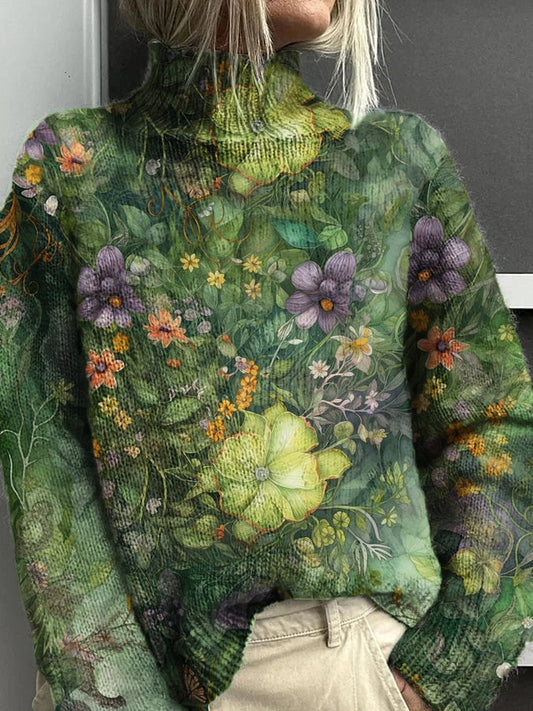 Motif floral rétro Casual Turtle Neck Pull à manches longues pour femmes Vert / S Pull