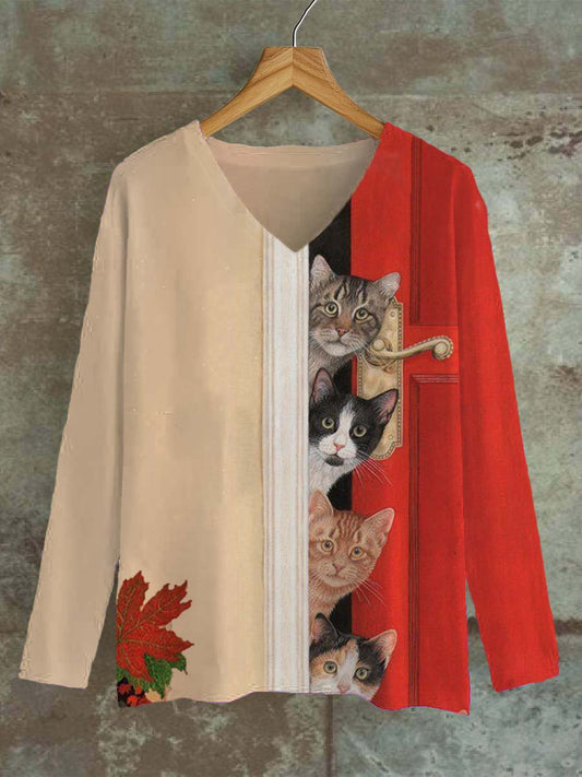 T-shirt long décontracté à col en V avec motif de contraste pour chat amusant unisexe Rouge / S T-shirt