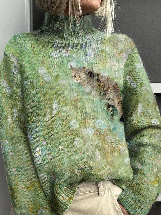 Pull à col roulé décontracté chaud motif de pissenlit fleur de chat pour femmes Vert / S Pull