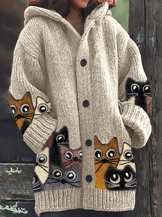 Cardigan à capuche épais à manches longues Vintage Animal Art Print Button A / S Veste