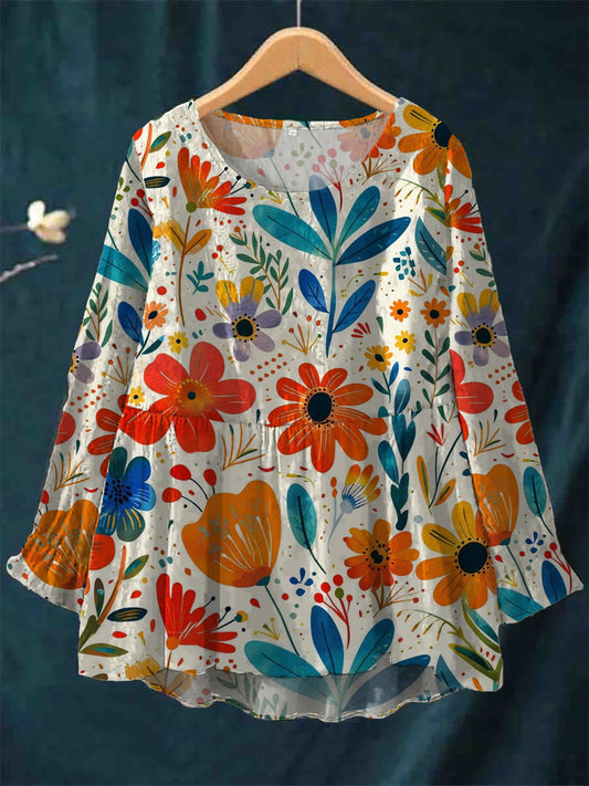 La mode des femmes élégant Art imprimé floral col en V à manches longues Top A / S T-shirt