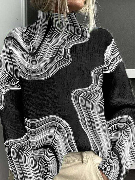 Pull à col roulé décontracté et chaud à motif de vagues pour femmes Noir / S Pull